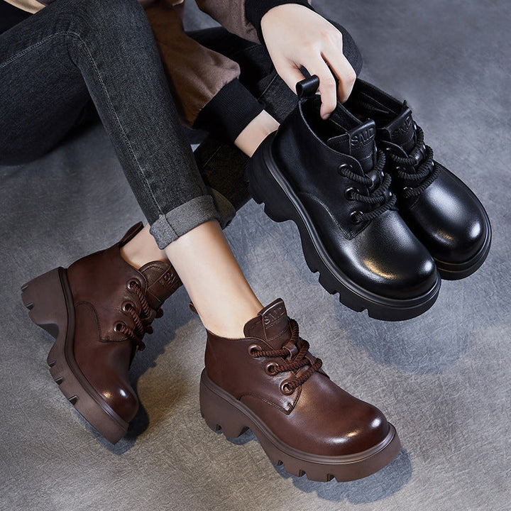 Women’s Ankle Boots – Genuine Leather – High-Top – Chunky Sole – Lace-Up Casual Style