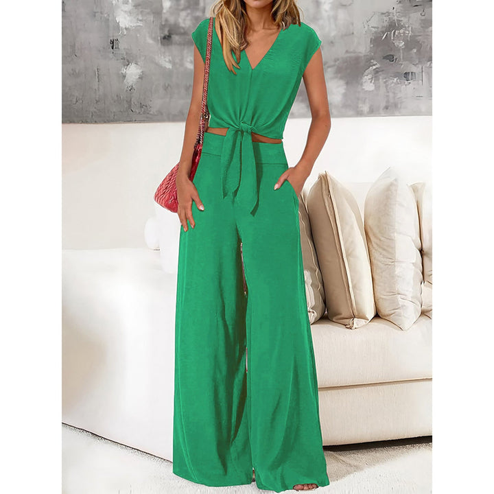 Women’s Two-Piece Set - V-Neck Crop Top Tie Front - High-Waist Wide-Leg Pants