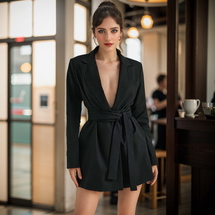 Women’s Blazer - Slim Fit Tailored Style - Waist Tie - V-Neck - Mid-Length - Long Sleeve
