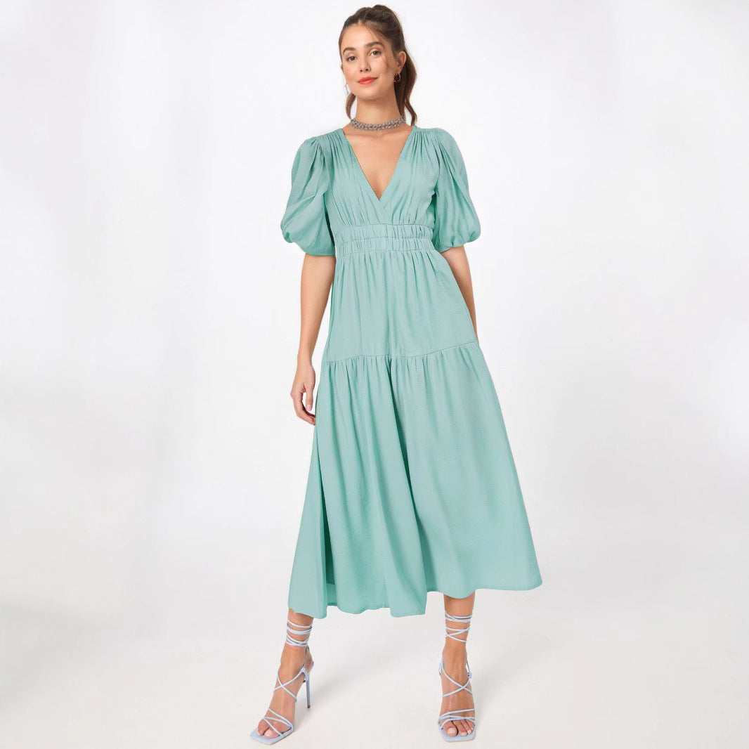 Women’s Midi Dress – A-Line Silhouette – Deep V-Neck – Puff Sleeves – Tiered Skirt
