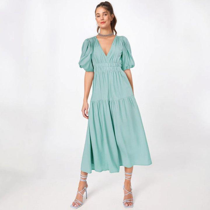 Women’s Midi Dress – A-Line Silhouette – Deep V-Neck – Puff Sleeves – Tiered Skirt