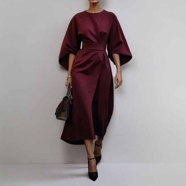 Women's Long Dress – Batwing Sleeve – Cinched Waist – Asymmetrical Draped Fit