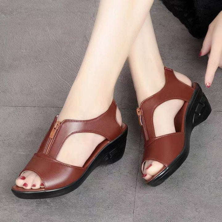 Women’s Wedge Sandals – Open Toe – Faux Leather – Zipper Closure – Breathable Cut-Outs