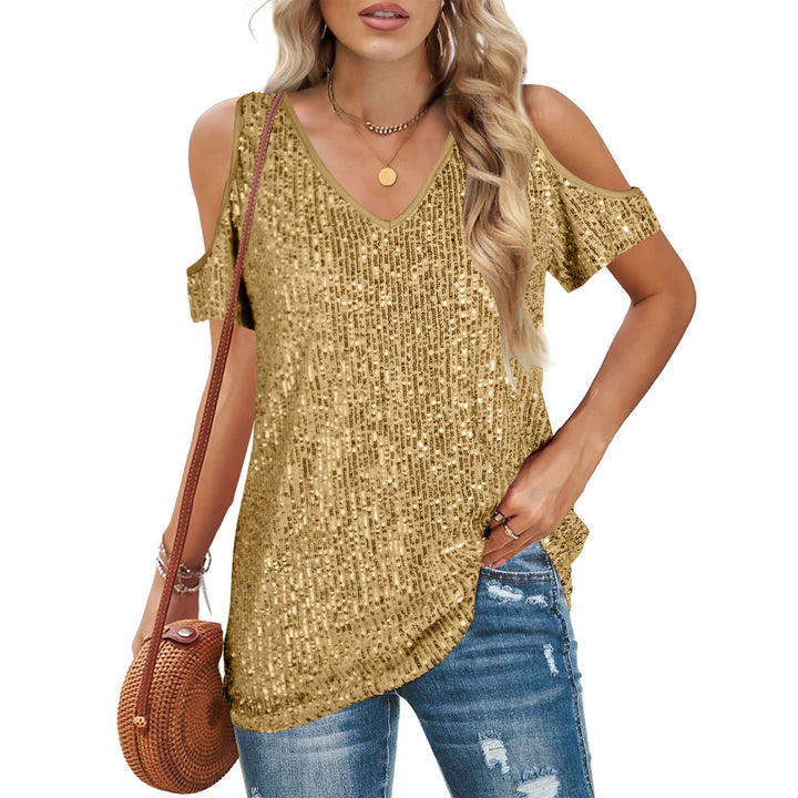 Women’s V-Neck Top – Relaxed Fit – Cold Shoulder – Sequin Front – Short Sleeve