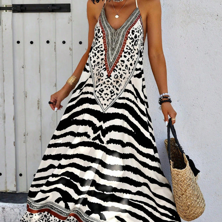 Women’s Maxi Dress – A-Line Fit – V-Neck – Spaghetti Straps – Bold Print