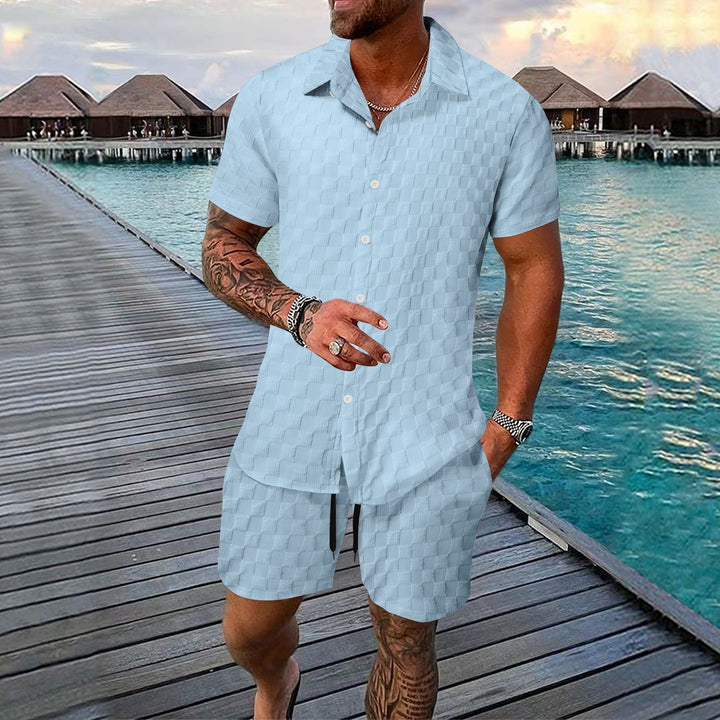 Men's Two-Piece Set - Jacquard Shirt and Shorts - Relaxed Fit - Short Sleeve Lapel Top