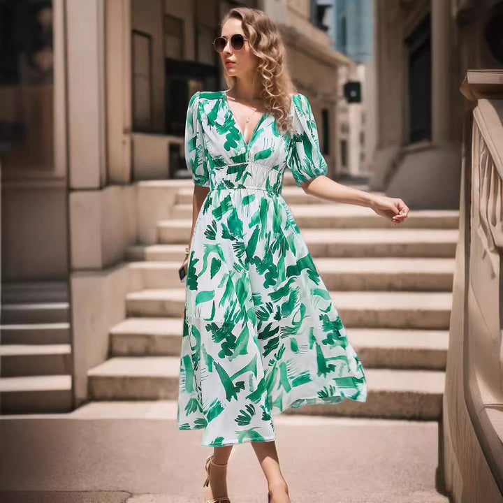Women’s Midi Dress – Fitted Waist – V-Neck – Puff Sleeves – Breathable Blend – A-Line Fit