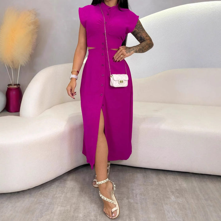 Women’s Midi Dress – Sleeveless – Fitted Bodice – Side Cut-Outs – Button-Down Front