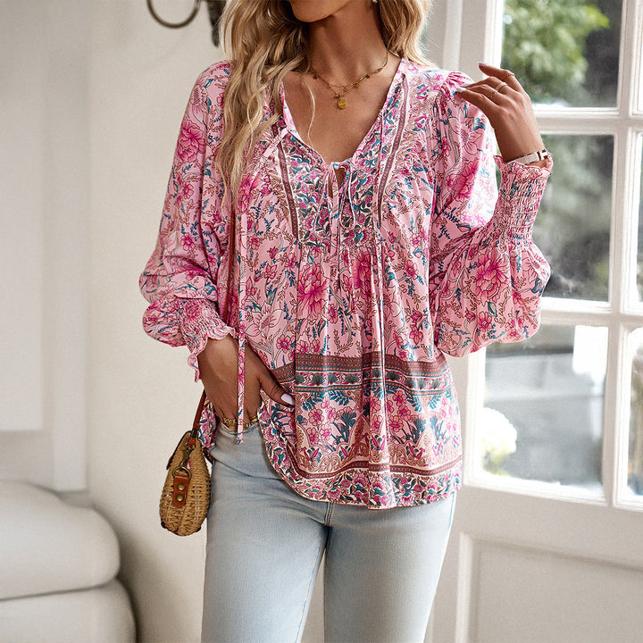 Women’s Blouse – Relaxed Fit – Tie Neck – Long Sleeve – Boho Style – Breathable Fabric