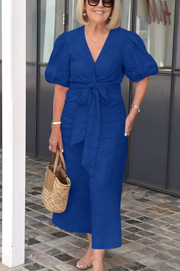 Women’s Midi Dress – Natural Fibers – V-Neck – Tie Waist – Puff Sleeve – Relaxed Fit