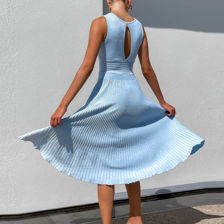 Women’s Midi Dress – Soft Knit – Sleeveless – V-Neck – High Waist – Pleated A-Line