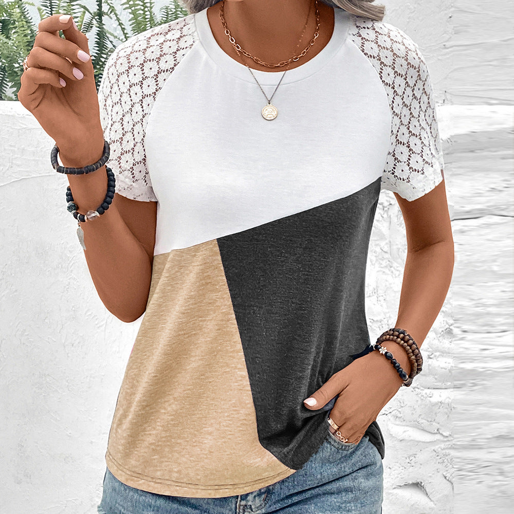 Women’s T-Shirt – Relaxed Fit – Cotton Blend – Lace Sleeve – Round Neck – Color Block