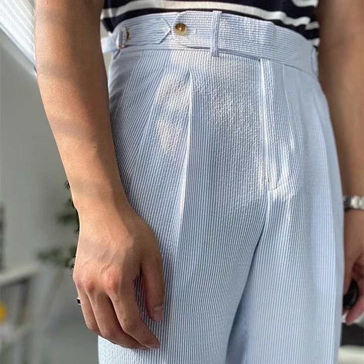 Men’s Straight-Leg Trousers - High Waist - Pleated Front - Breathable Textured Fabric