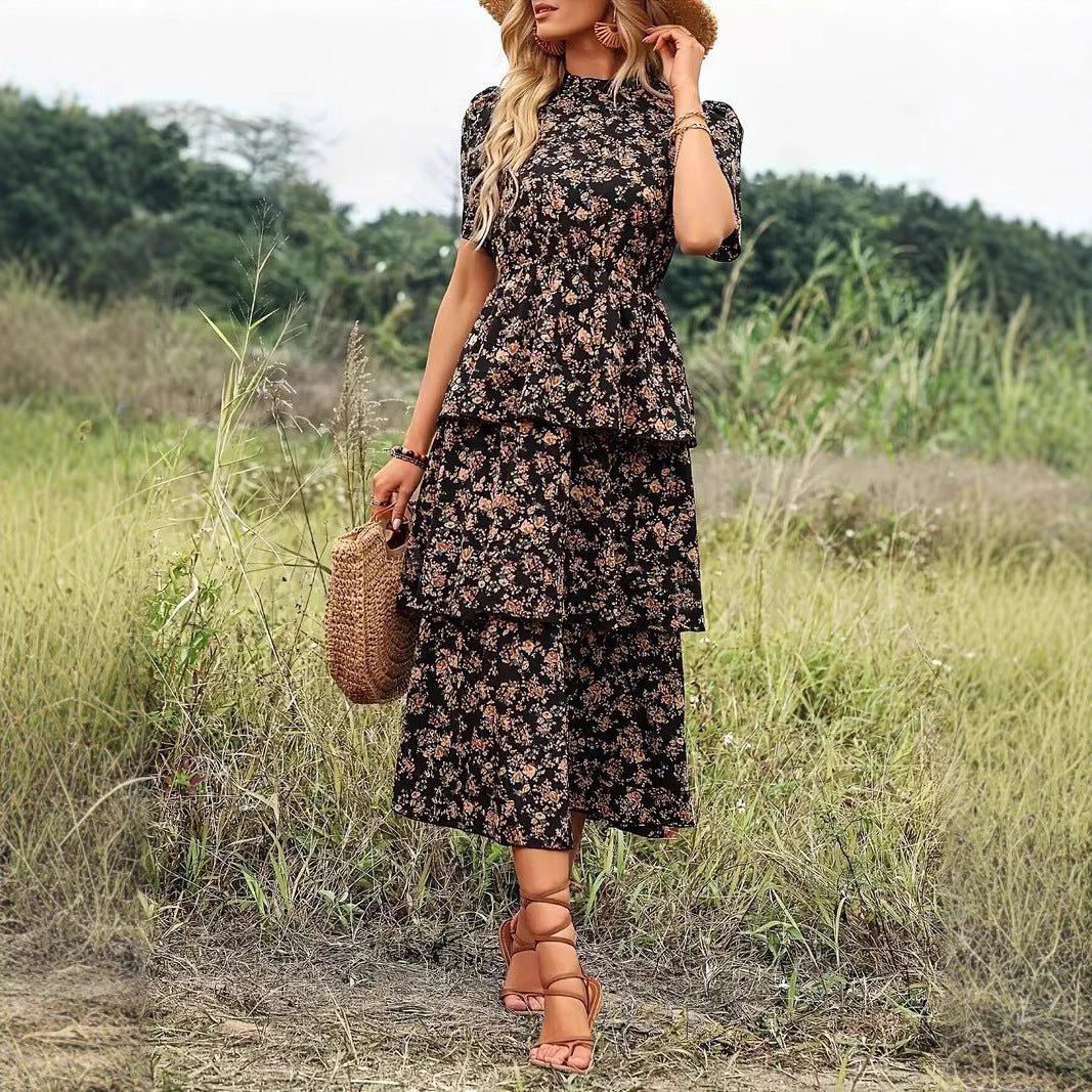 Women’s Midi Dress – Tiered A-Line – Short Sleeve – High Neck – Flowy Fit