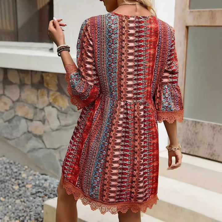 Women’s Boho Dress – Flowy Fit – V-Neck – 3/4 Sleeve – Lace Trim – Ethnic Print