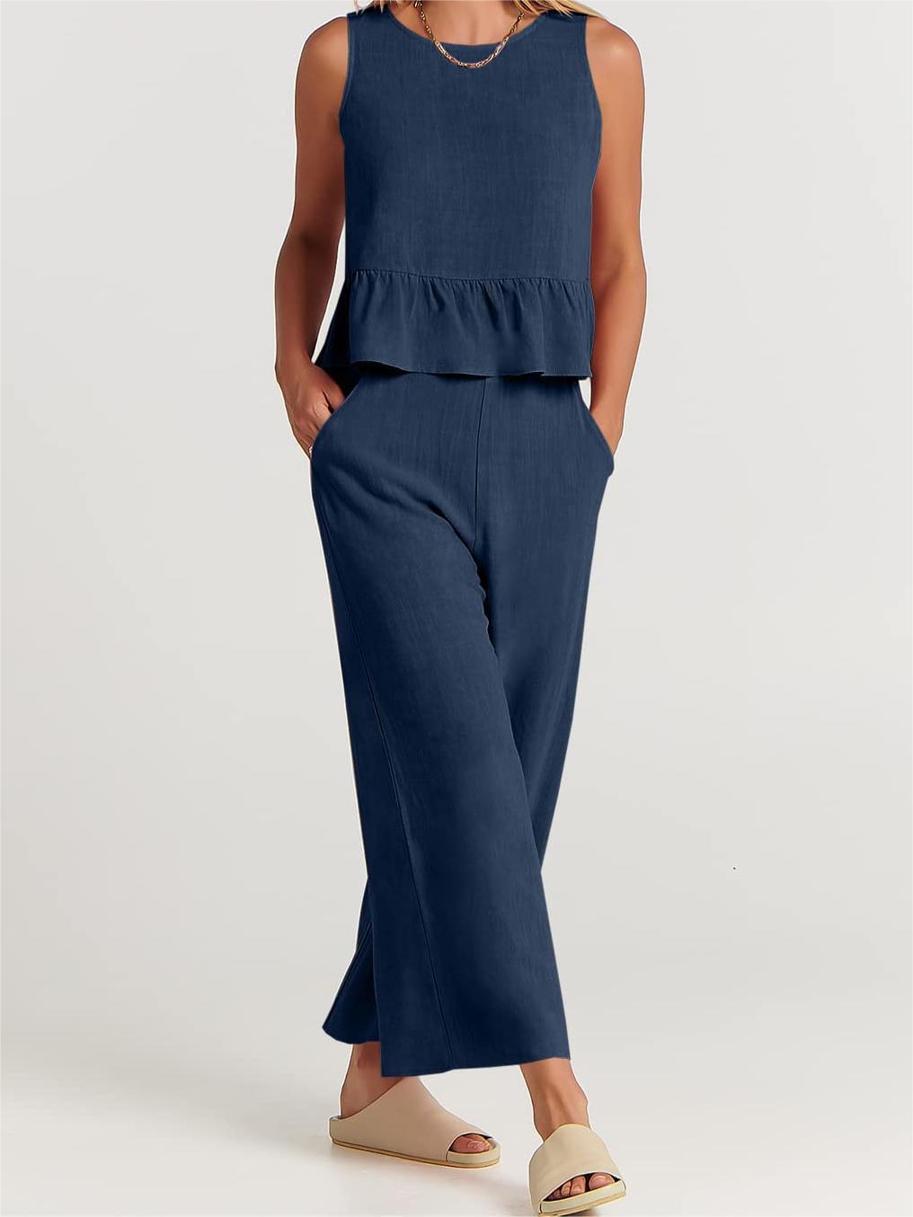 Women’s Two-Piece Set – Sleeveless Peplum Top – Wide-Leg High-Waist Pants – Lightweight Breathable