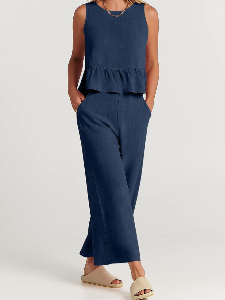 Women’s Two-Piece Set – Sleeveless Peplum Top – Wide-Leg High-Waist Pants – Lightweight Breathable