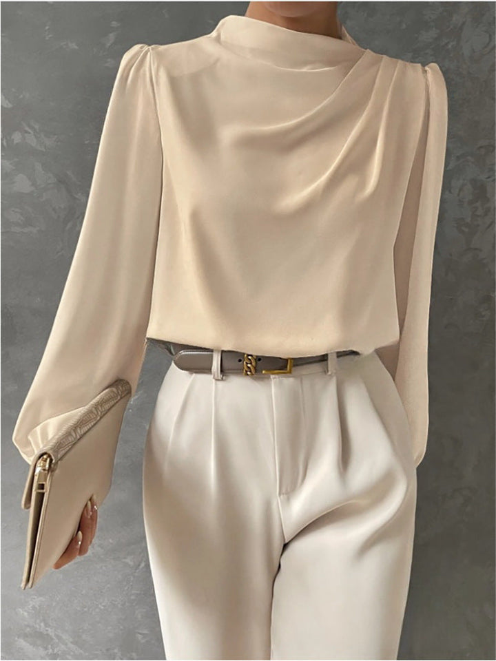 Women’s Blouse – Relaxed Fit – High Neck – Long Sleeve – Draped Details