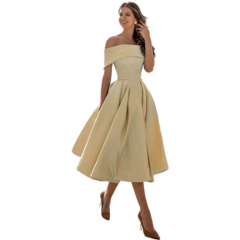 Women's Off-the-Shoulder Midi Dress - Fitted Bodice - Pleated Flared Skirt - Elegant Formal Wear