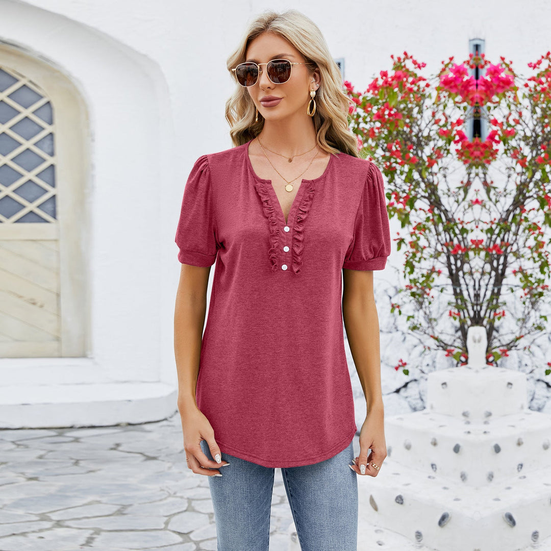 Women’s V-Neck T-Shirt – Relaxed Fit – Button Front – Ruffled Trim – Soft Knit