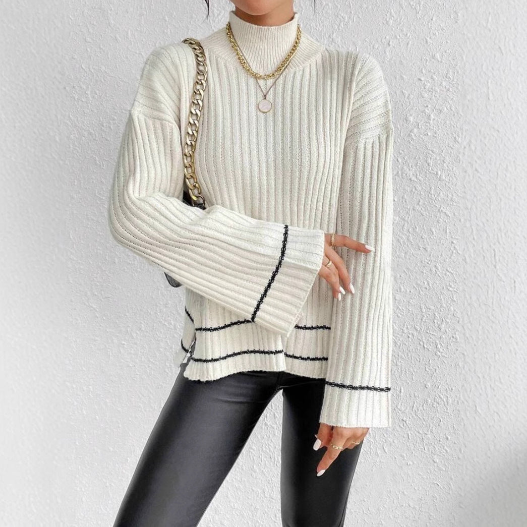 Women’s Knitted Sweater - Oversized Fit - Ribbed Texture - Mock Neck - Long Sleeve