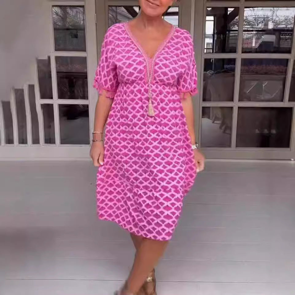 Women’s Midi Dress – Relaxed Fit – V-Neck with Tassel Tie – Fringed Sleeves – Geometric Print