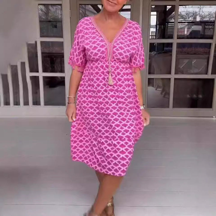 Women’s Midi Dress – Relaxed Fit – V-Neck with Tassel Tie – Fringed Sleeves – Geometric Print