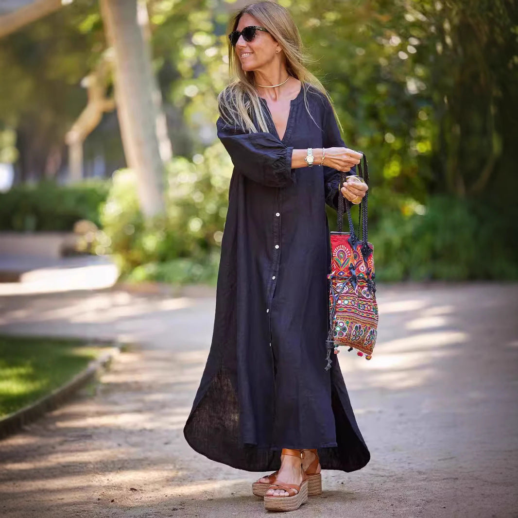 Women’s Maxi Dress – Relaxed Fit – V-Neck – Button Front – Long Sleeve – Breathable Blend