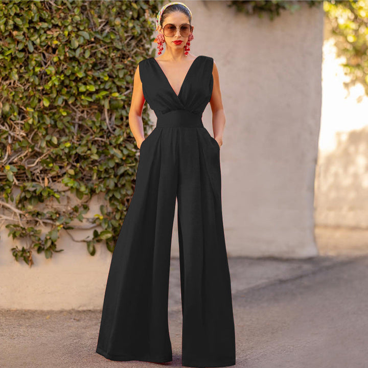 Women’s Jumpsuit - Sleeveless V-Neck - Wide Leg - Fitted Waist - Elegant Silhouette