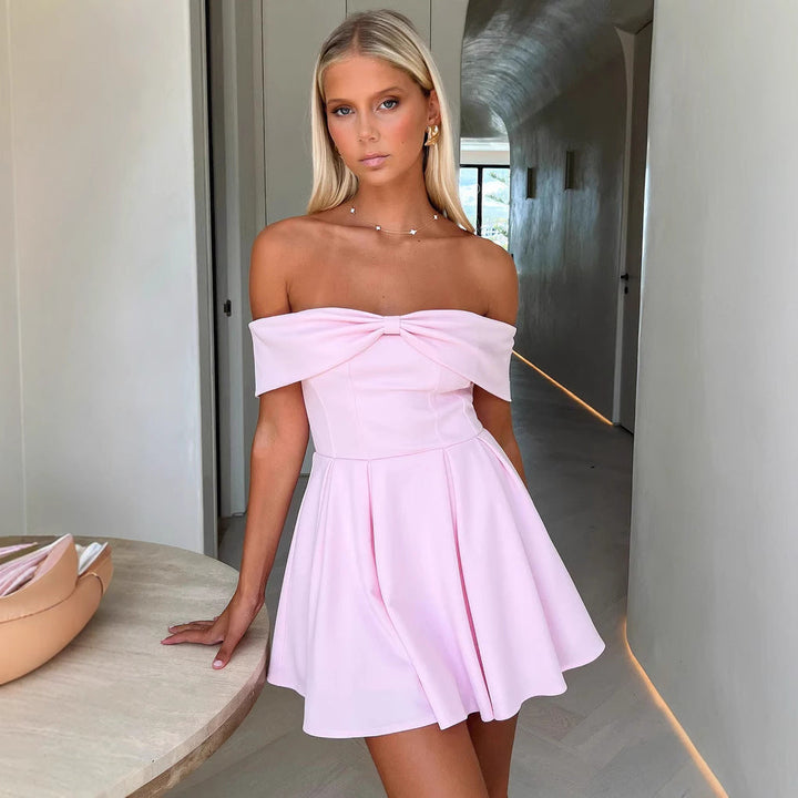Women’s Off-Shoulder Dress – Fitted Bodice – A-Line Skirt – Short Flowy Silhouette