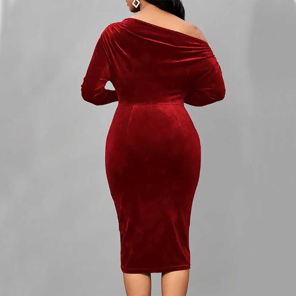 Women’s Wrap Dress – Velour Finish – Fitted Pencil Silhouette – Asymmetrical Neckline – Long Sleeve