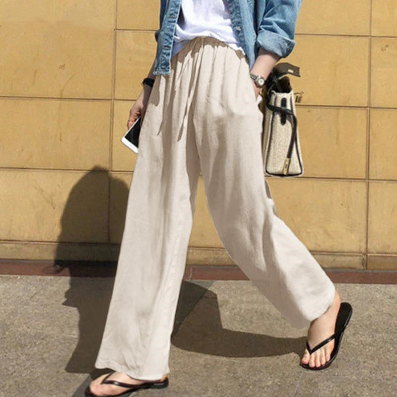 Women’s Wide-Leg Pants - 100% Cotton - Elastic Waistband - Full Length - Relaxed Fit