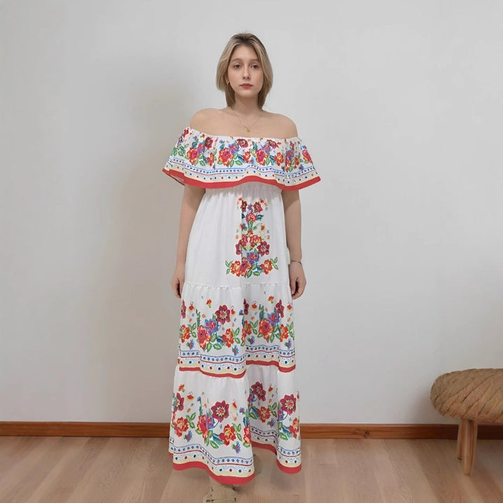 Women’s Maxi Dress – Off-Shoulder – Floral Embroidery – Ruffled Detail – Flowy Fit