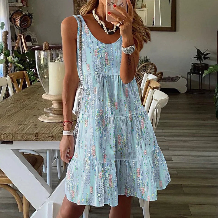Women’s Sleeveless Dress – Cotton – A-Line Fit – Tiered Ruffle – Above Knee Length