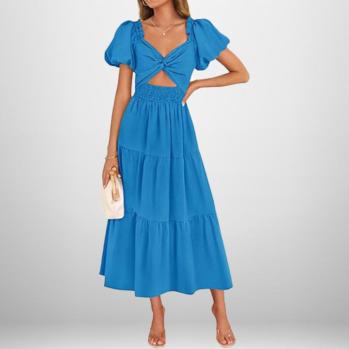 Women’s Midi Dress – Twisted Knot Bust – Puff Sleeve – Tiered Skirt – Shirred Waist