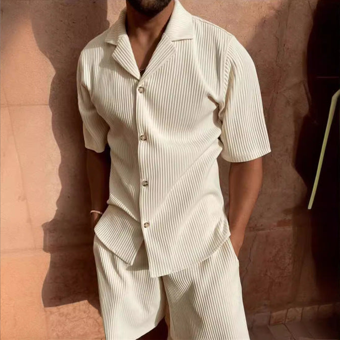 Men’s Casual Set – Relaxed Fit Button-Up Shirt & Shorts – Soft Textured Fabric