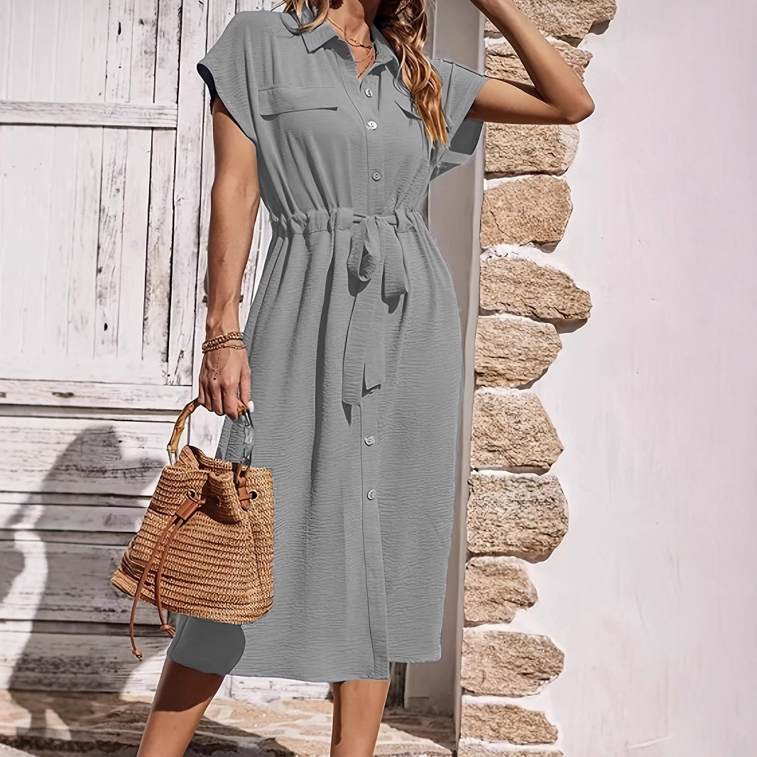 Women’s Shirt Dress – Midi Length – Relaxed Fit – Short Sleeve – Button Down – Tie Waist