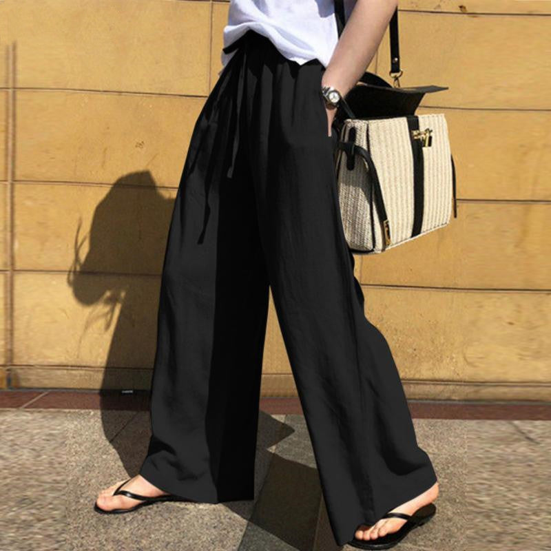 Women’s Wide-Leg Pants - 100% Cotton - Elastic Waistband - Full Length - Relaxed Fit