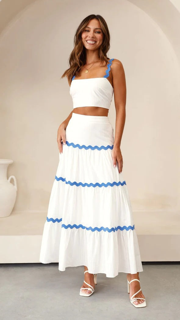 Women’s Two-Piece Set – One-Shoulder Crop Top – Tiered Maxi Skirt – Scalloped Trim