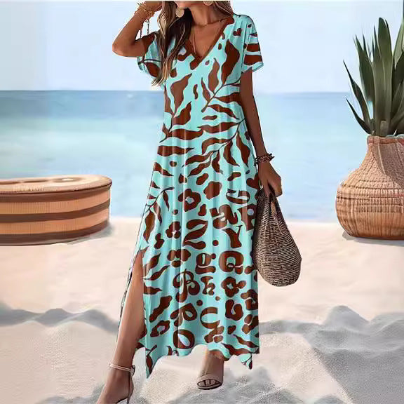 Women's Maxi Dress - Relaxed Fit - V-Neck - Short Sleeve