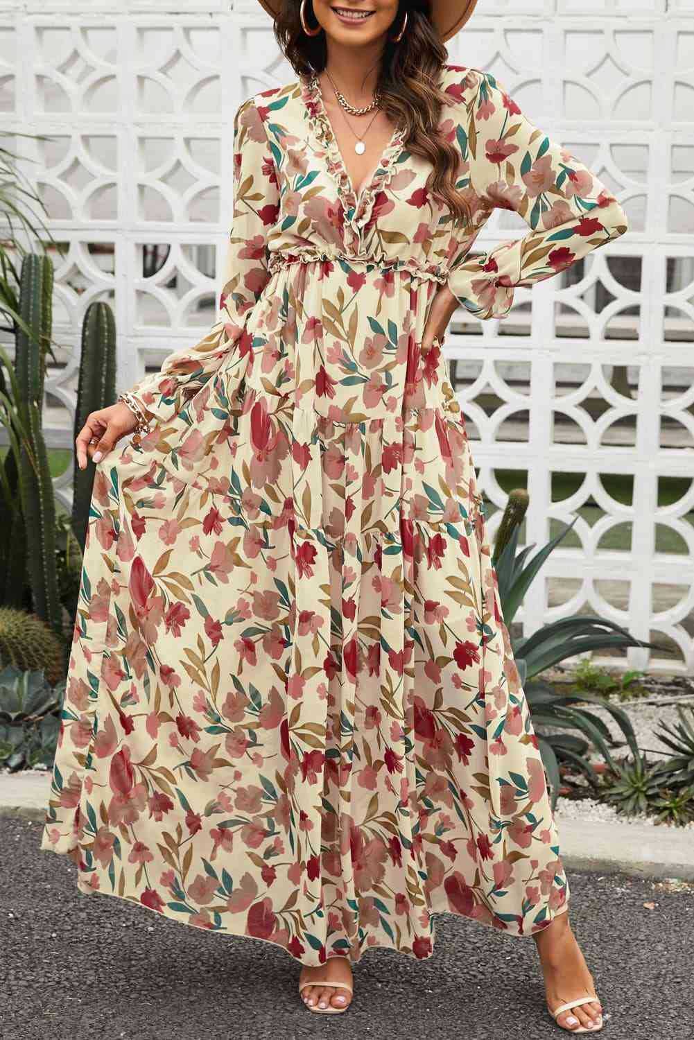 Women’s Maxi Dress – Lightweight Fabric – V-Neck Ruffle Detail – Long Sleeve – Floral Print