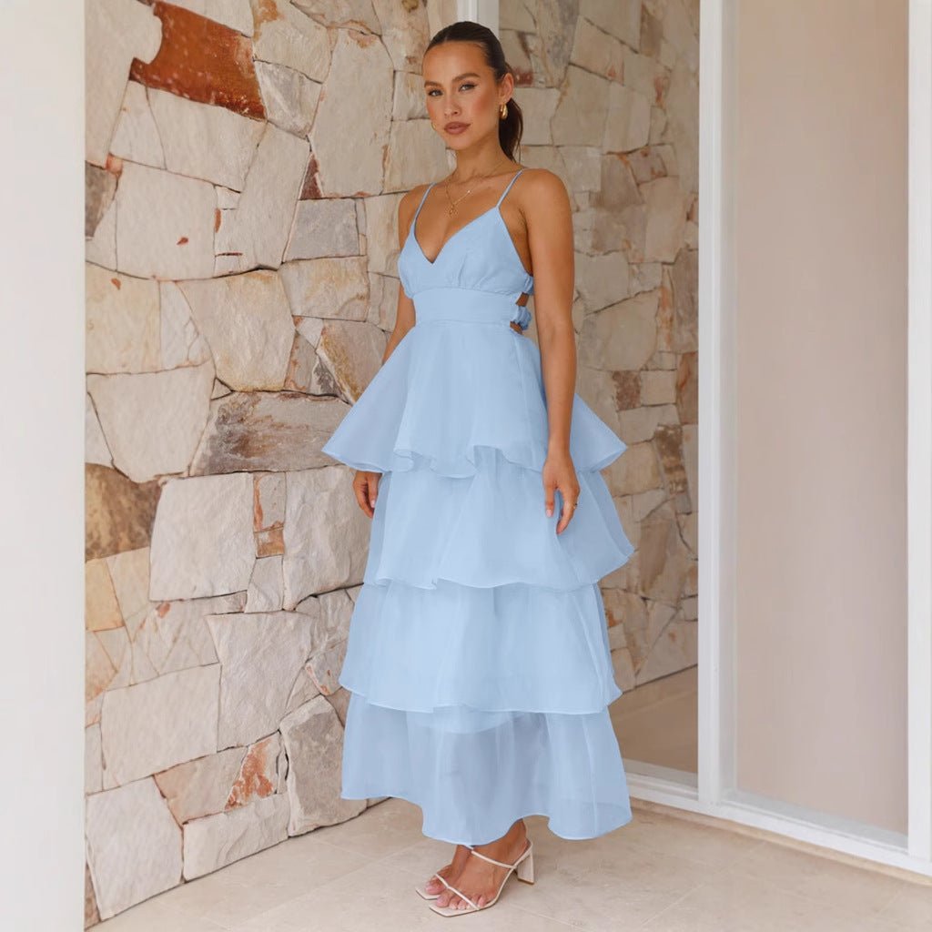 Women’s Maxi Dress – Flowing Fit – Tiered Ruffle Layers – V-Neck – Spaghetti Straps