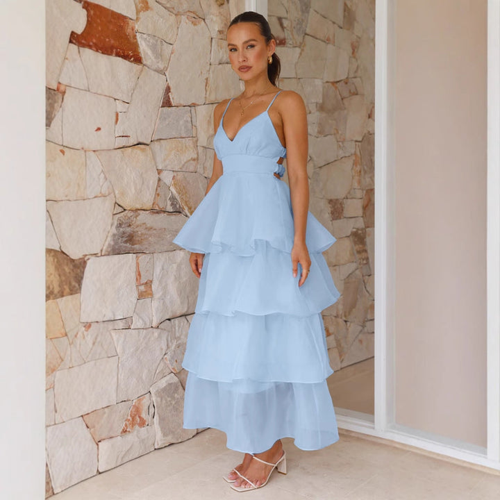 Women’s Maxi Dress – Flowing Fit – Tiered Ruffle Layers – V-Neck – Spaghetti Straps