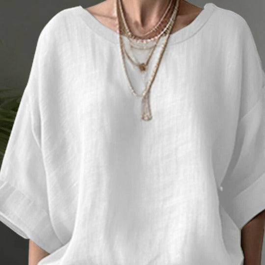 Women’s Oversized Blouse – Cotton Linen Blend – Boat Neck – Loose Fit – Short Sleeve