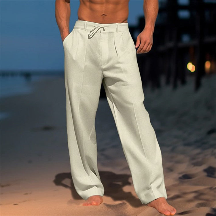 Men’s Casual Pants - Relaxed Fit - Drawstring Waist - Breathable Natural Fibers - Full Length