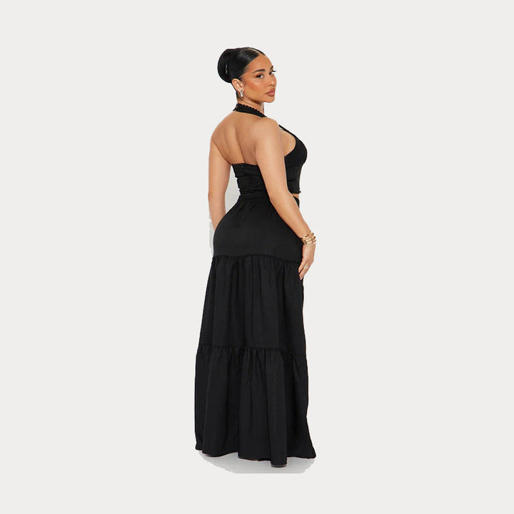 Women’s Two-Piece Set – Halter Crop Top – Tie Front – Tiered Maxi Skirt – Flowing Fit
