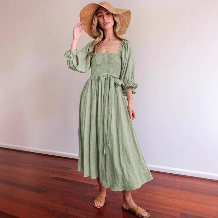 Women’s Midi Dress – Smocked Bodice – Puff Sleeve – Square Neck – Belted Waist