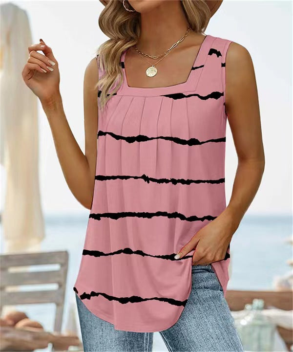 Women’s Sleeveless Vest T-Shirt – Square Neck – Floral Print – Relaxed Fit – Breathable Blend