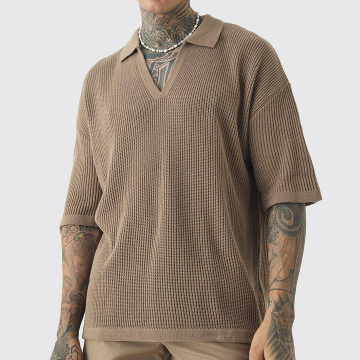 Men’s Short Sleeve Shirt – Relaxed Fit – Soft Knit – V-Neck Collar – Casual Style