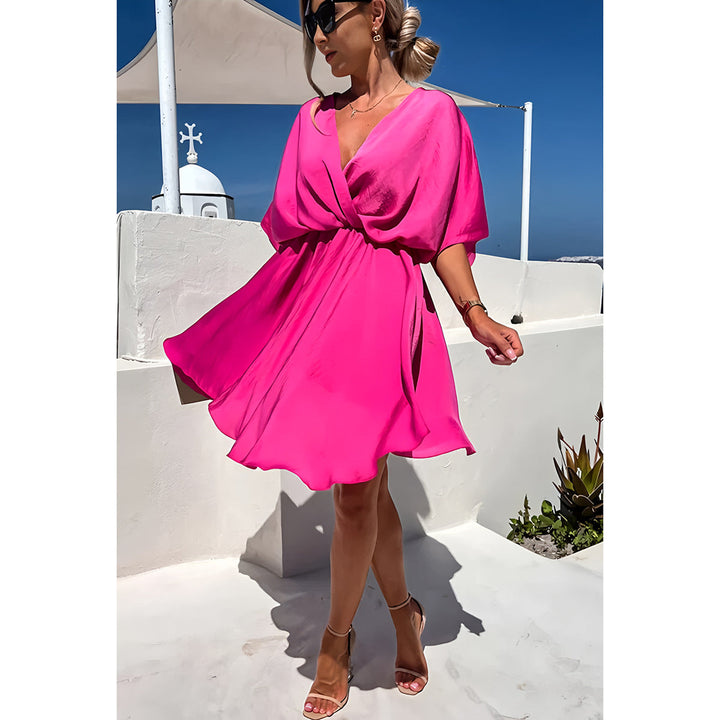 Women’s V-Neck Dress – Twisted Front Knot – Flutter Sleeve – Layered Elegant Skirt